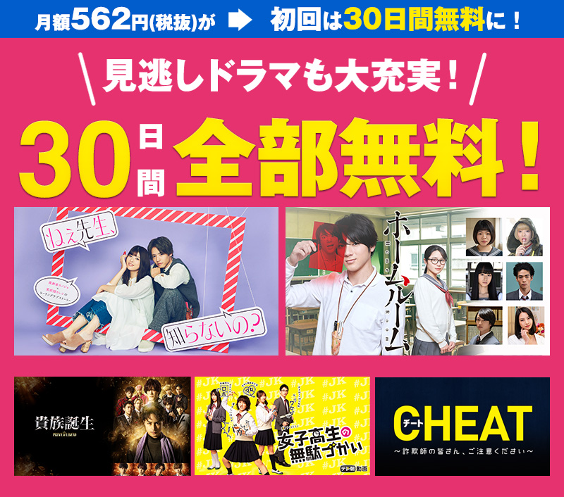 国内も海外も♪ドラマ大充実!30日間全部無料♪月額562円(税抜)が初回は30日無料に!